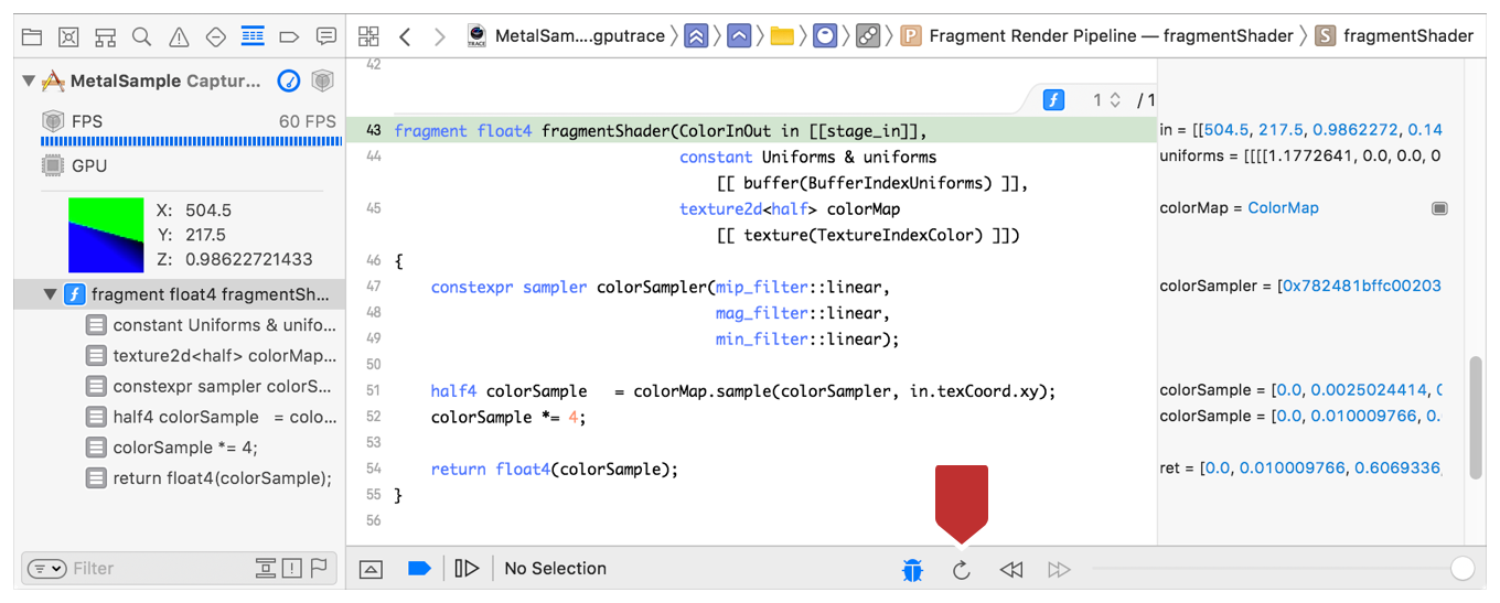 Screenshot annotating the Update Shaders button. It's in the bottom right corner of the shader source in the center pane.