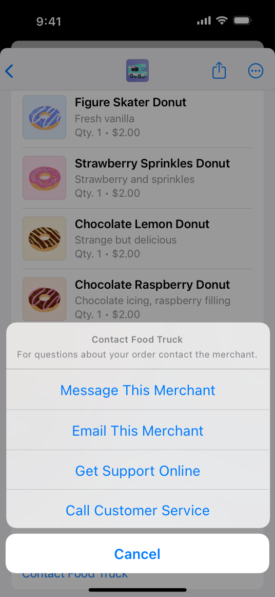 A screenshot of an order detail screen for a food truck app on iPhone. The screen displays a list of donuts ordered. Above the list is an overlay containing buttons to message or email the merchant, get online support, or call customer service.