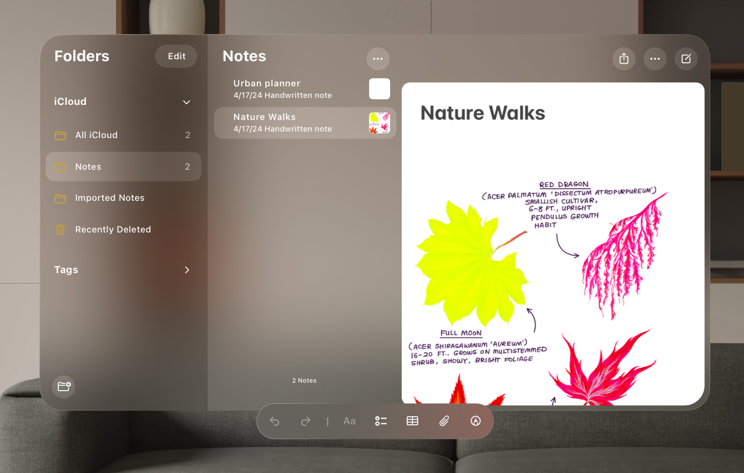 A screenshot of a 2D Notes window in visionOS. A note titled Nature Walks is open on the trailing side of the view, with sketches of leaves accompanied by handwritten text descriptions.