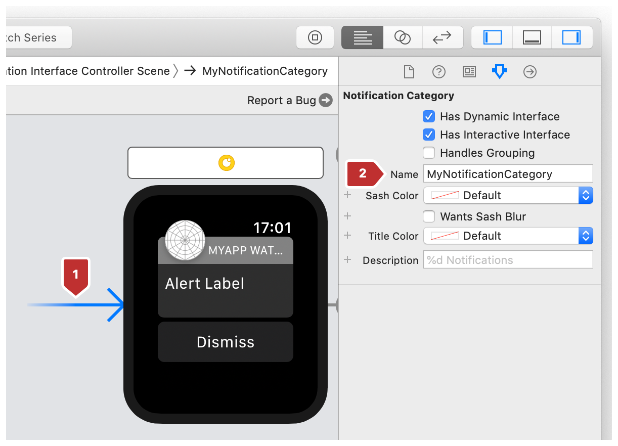A screenshot showing the notification category’s Name attribute.