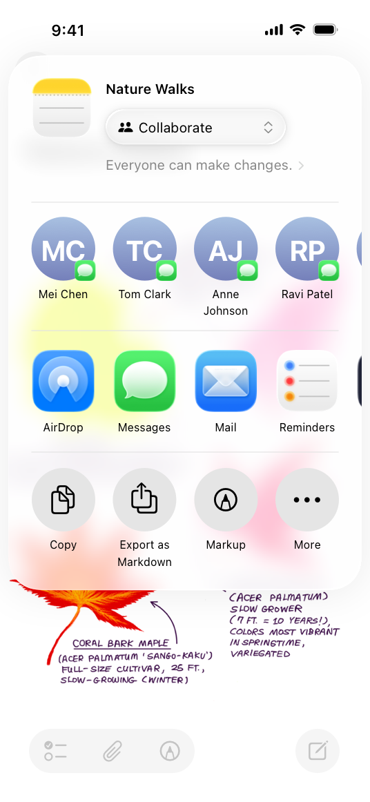An illustration of a Notes document with the share sheet open on iPhone, with collaboration options set to indicate that everyone can make changes to the selected document.