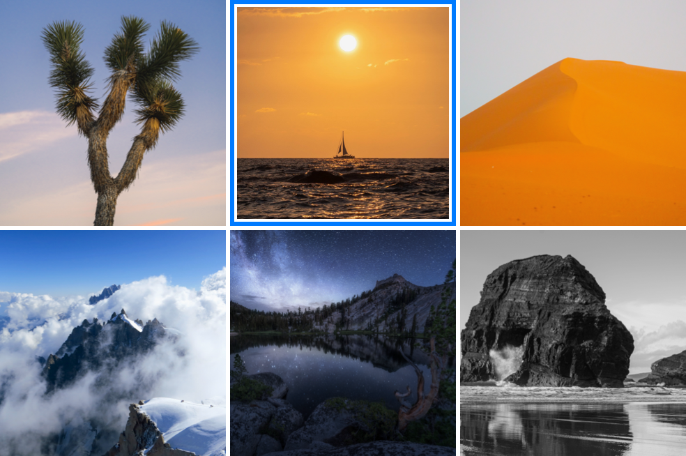 An illustration of a collection view of photos showing the standard halo effect that outlines the focused photo.