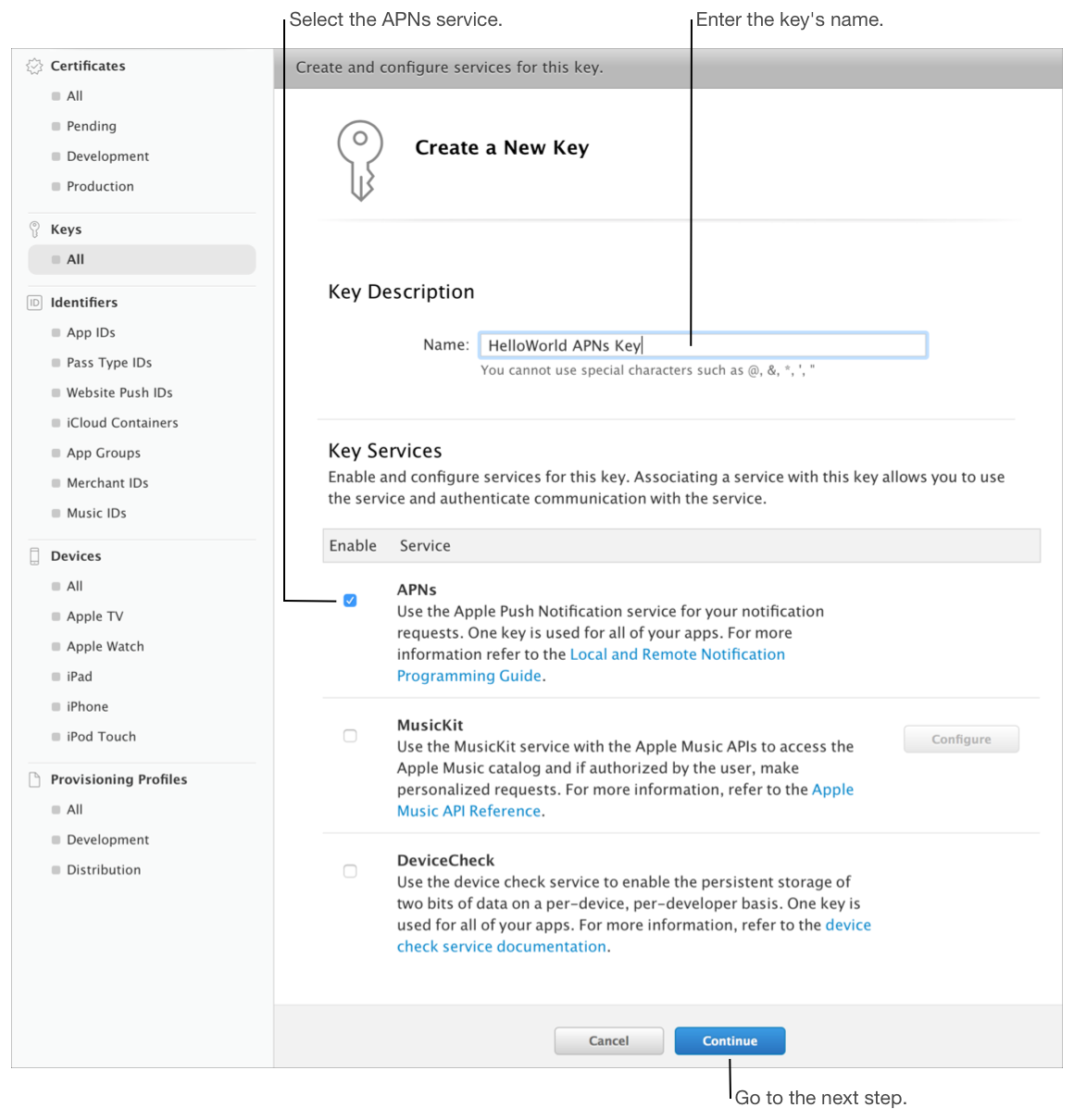 Create a new key that supports APNs in your developer account.