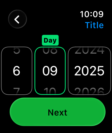 An illustration representing a screen containing a date picker on Apple Watch, with the day highlighted.