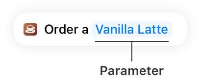 A diagram of the activation phrase of a shortcut for ordering a drink from a coffee app. The activation phrase contains an optional value for the name of the drink, which is underlined and called out as the shortcut's parameter.