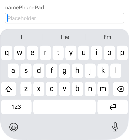 A partial screenshot of a keyboard on iPhone that displays all 26 letter keys in addition to the Shift, Delete, Numbers, Space, and Return keys. Typing suggestions appear above the keyboard and the Emoji and Dictation buttons appear below it.