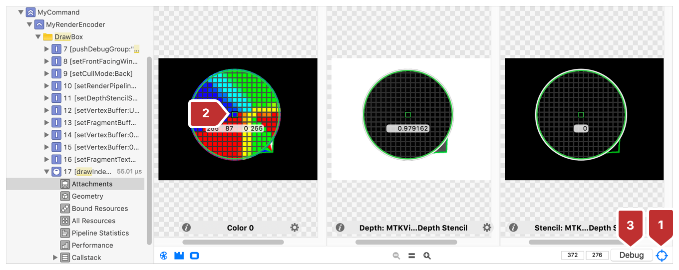 Diagram showing the draws attachments with the Inspect Pixels button enabled. A magnifying glass hovers the attachments to focus on the single fragment you want to debug.