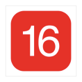 A white number sixteen, inside a red-filled square with rounded corners.