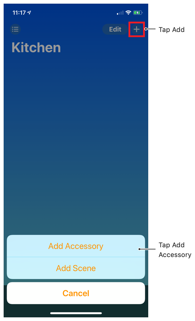 Screenshot showing the location of the Add Accessory button in Apple’s Home app.