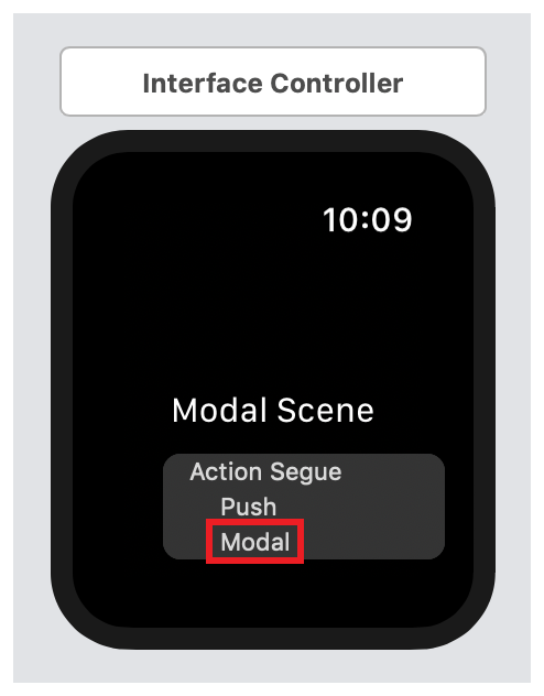 A screenshot showing the Modal menu item in the Action Segue pop-up menu.