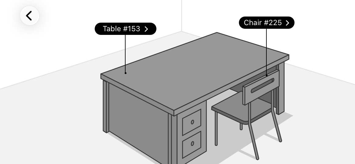 An illustration of an iPhone screen in landscape orientation showing the corner of a room viewed through the camera. In the room are two AR objects: a desk and a chair. Each object has a label attached to the object by a vertical line. The label in each object ends with a greater-than sign to indicate the label can be tapped for more information.