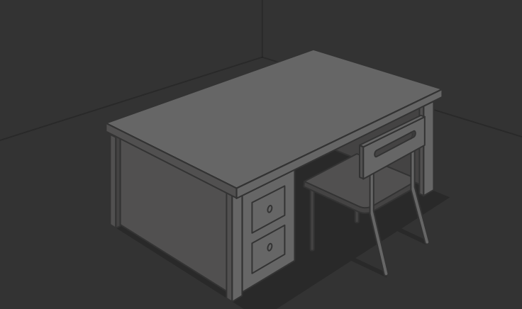 An illustration showing a corner of a dark office that contains a desk and chair.