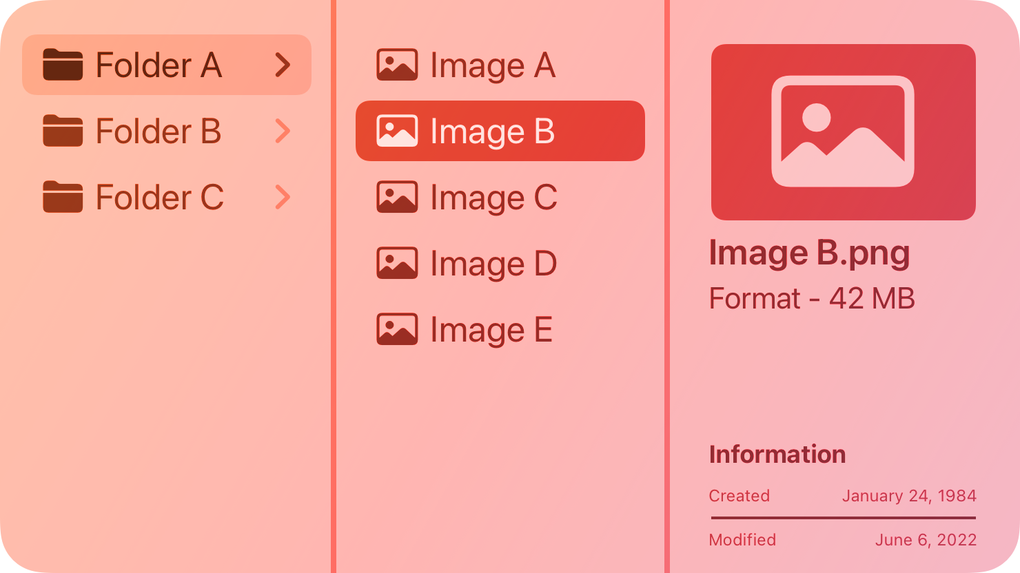 A stylized representation of three columns containing a list of folders, images, and file information. The image is tinted red to subtly reflect the red in the original six-color Apple logo.