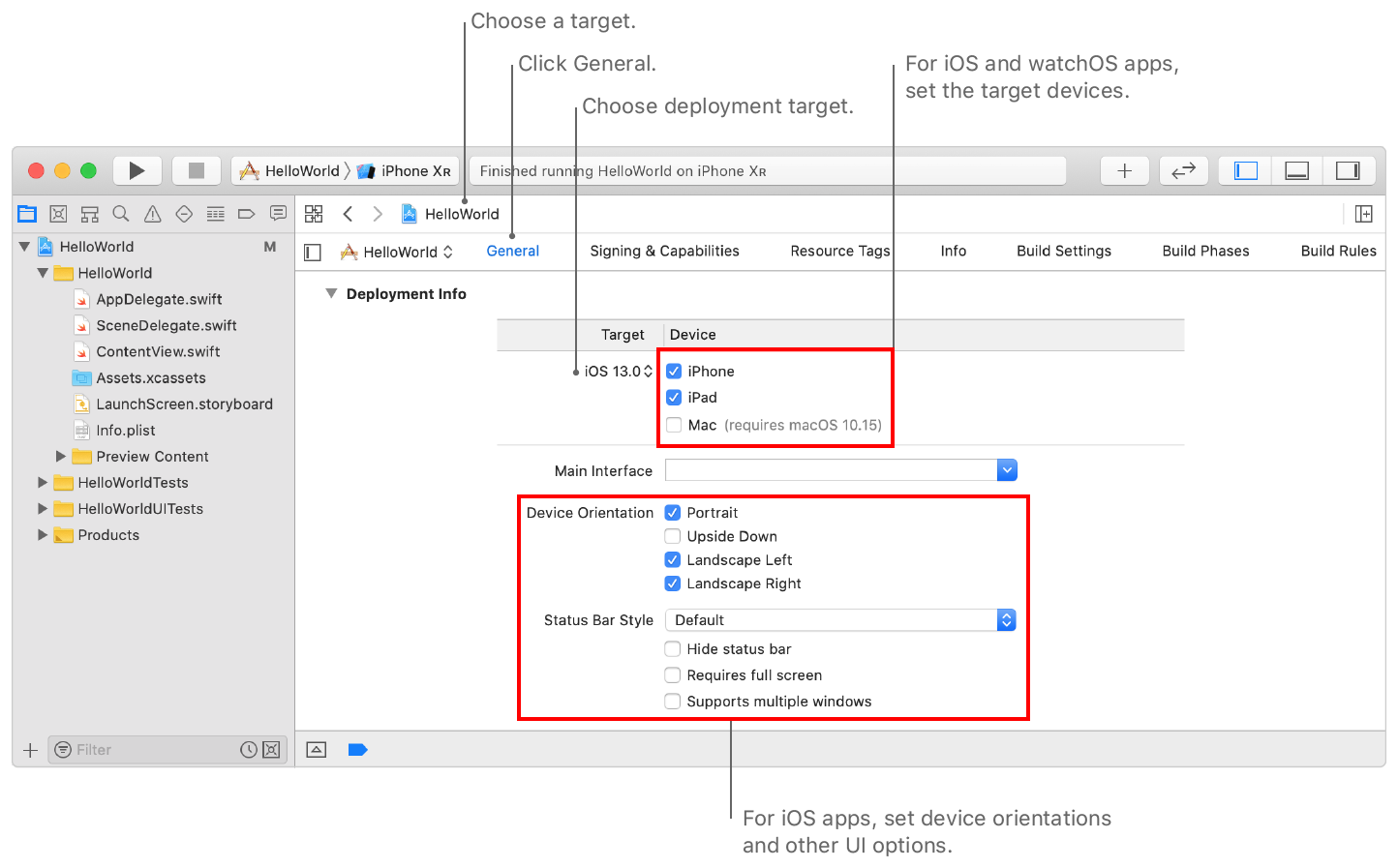 Screenshot showing the Deployment Info settings for an iOS app, where you set the deployment target and OS versions, on the General pane of the project editor.