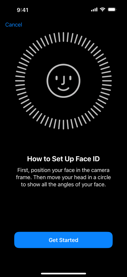 A screenshot of the Face ID setup screen on iPhone. A face appears inside the circular frame and tick marks around the frame show that a face scan hasn't begun yet. Text below the frame explains how to perform a scan, and appears above a 'Get Started' button.