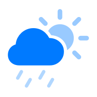 An image of the cloud sun rain fill symbol that uses three different opacities of the system blue color in the symbol’s three different layers: the cloud is fully opaque, the sun is about 50% opaque, and the raindrops are about 25% opaque.