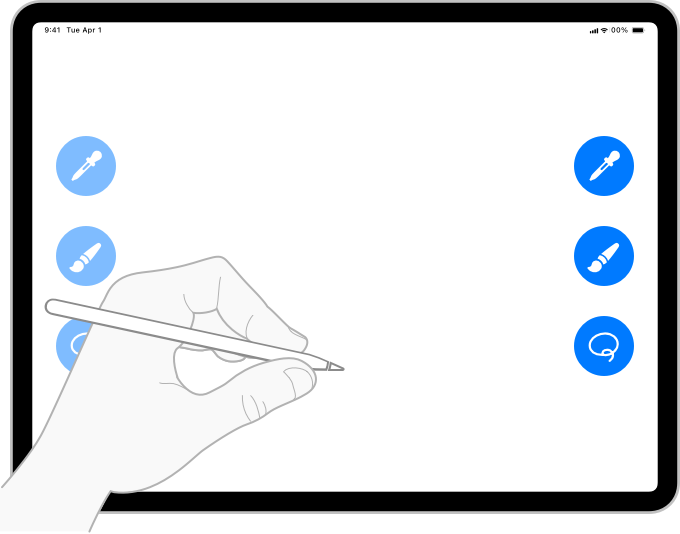 An illustration of an iPad app that shows a stack of three circular controls on both side edges. A drawing of a person’s left hand holding an Apple Pencil is shown at the bottom-left corner of the screen, partially obscuring the controls on that side. The controls on the left edge are grayed out to indicate the original position they no longer occupy, while the controls on the right edge are bright to indicate their final position.