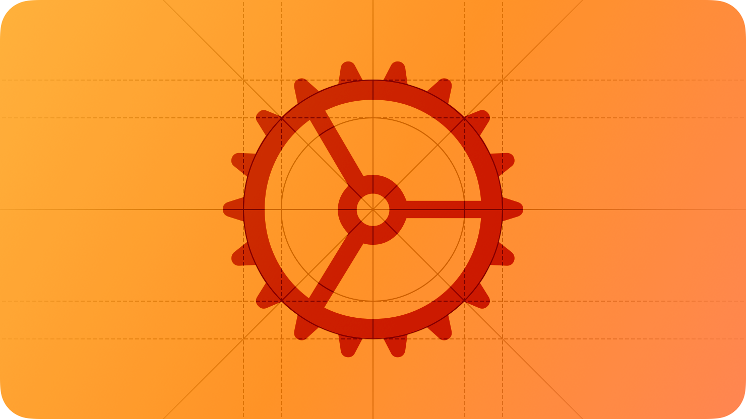 A sketch of a gear, suggesting configuration. The image is overlaid with rectangular and circular grid lines and is tinted orange to subtly reflect the orange in the original six-color Apple logo.