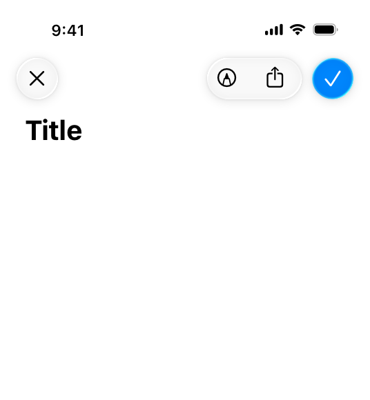 A screenshot of the top half of an iPhone app that shows a toolbar with several buttons. Only the Done button in the toolbar uses a blue accent color for its Liquid Glass background.