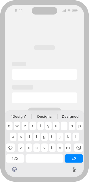 An illustration of an app layout on iPhone, showing two stacked text fields and a button above the keyboard. The keyboard covers part of the button.