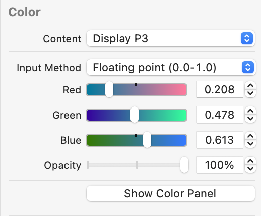 A screenshot showing the Color section of the inspector. The values of red, green, and blue are 0.208, 0.478, and 0.613.