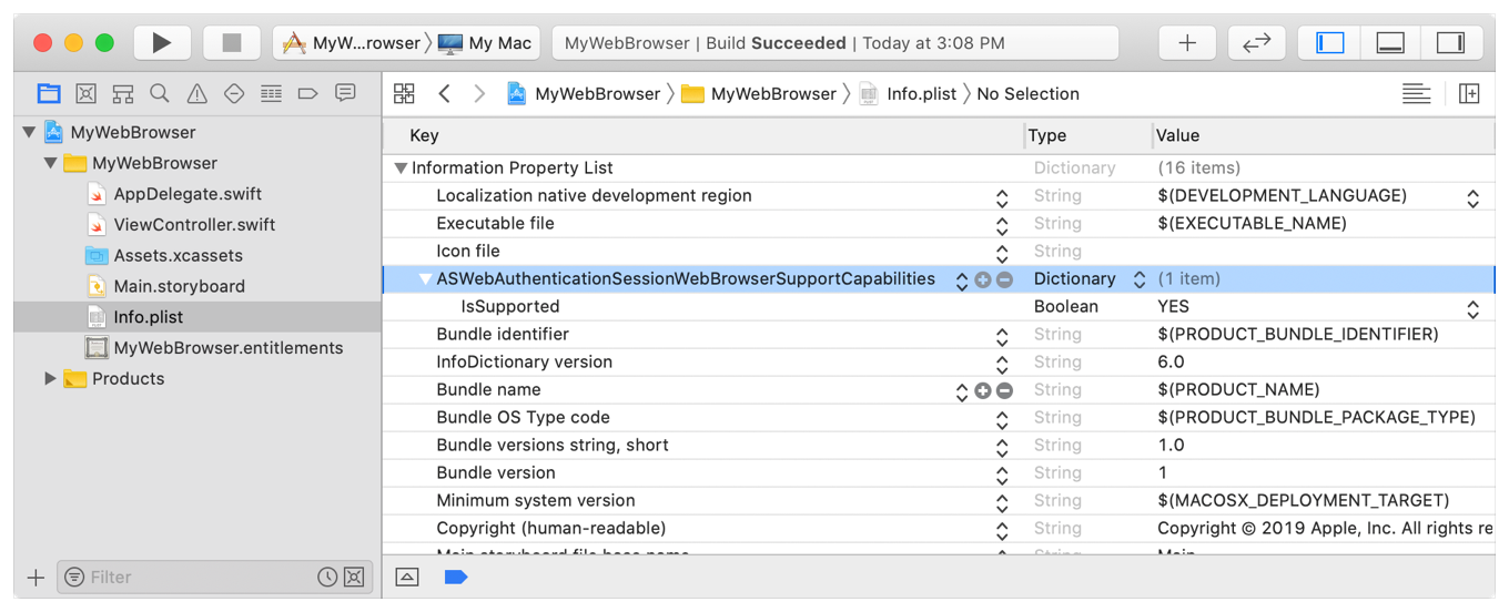 Screenshot of Xcode showing the web browser support capabilities property list key.