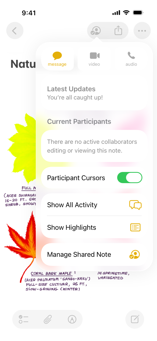 An illustration of a Notes document on iPhone. A menu is open from the Collaboration button in the document toolbar, with buttons to display the most recent updates and activities.