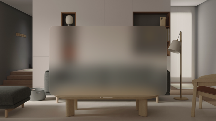 An illustration of a field of view in visionOS with a window in the center. The window has a translucent material background that allows its surroundings to pass through.