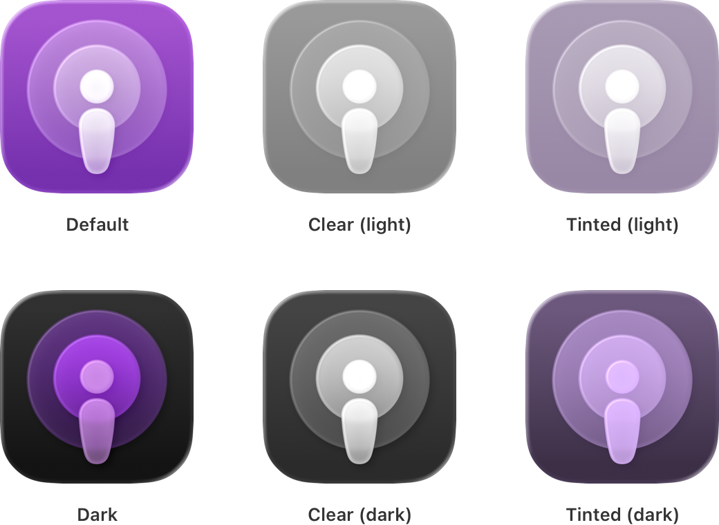 A grid showing the Podcasts app icon in the six style variants: default, dark, clear (light), clear (dark), tinted (light), and tinted (dark).