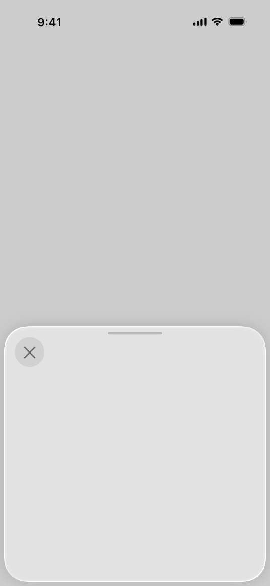 An illustration showing an iPhone screen in portrait orientation containing a solid rounded rectangle that occupies half of the screen, representing a half-screen sheet. A rounded close button appears in the upper-left corner of the sheet.
