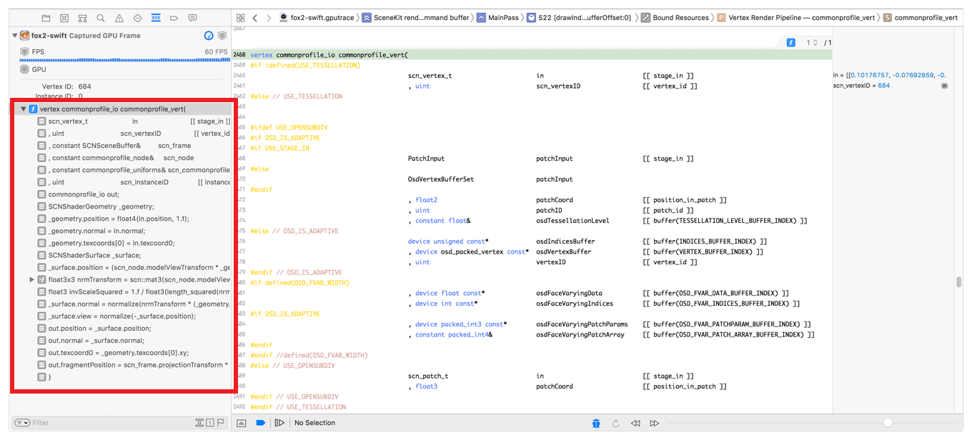 The shader debugger populated with the vertex values of the selected primitive.