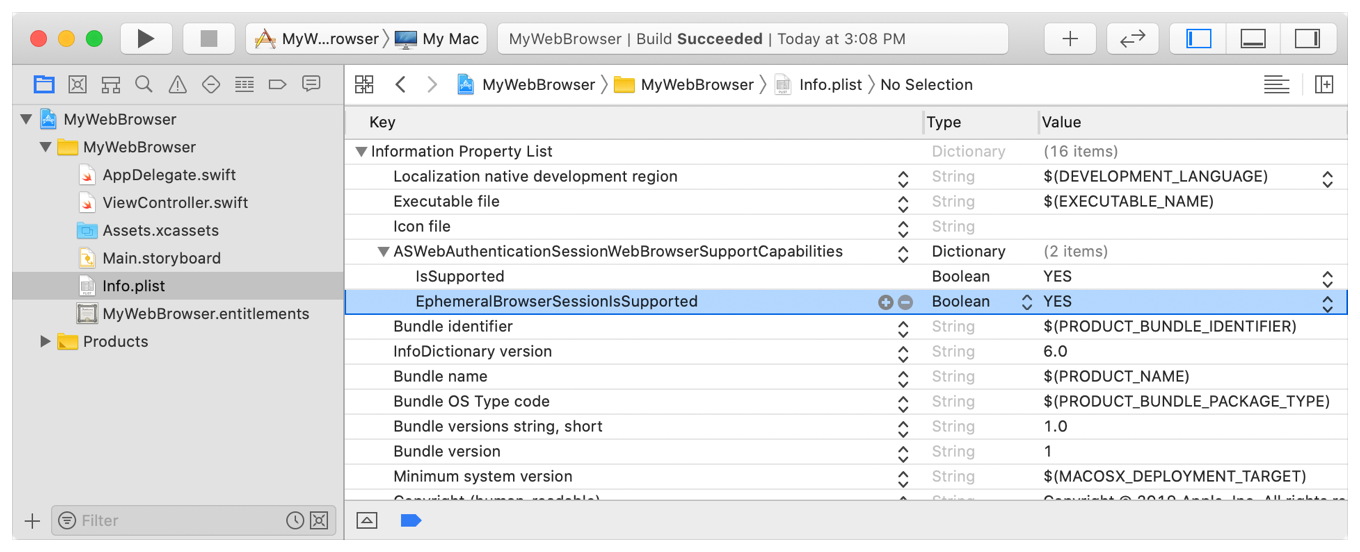 Screenshot of Xcode showing the ephemeral browser session support key.