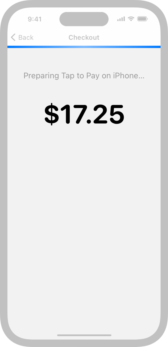 An illustration of an app screen that displays an indeterminate progress indicator followed by the text 'Preparing Tap to Pay on iPhone' above a purchase total.