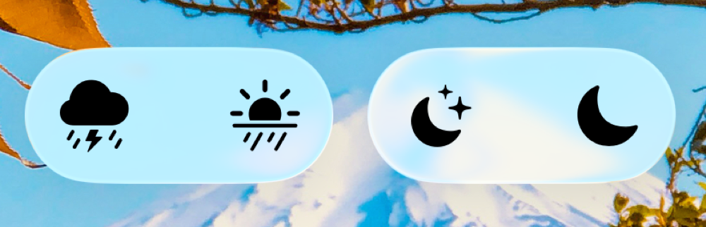 Four Image views that have Liquid Glass effects applied. A rain cloud with lightning symbol and a sun with rain symbol have a unified Liquid Glass effect encapsulating both of them, followed by a unified Liquid Glass effect of a moon with stars symbol and a moon symbol.