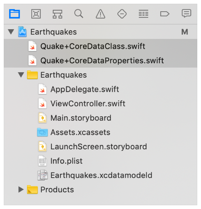 Screenshot showing Quake+CoreDataClass.swift and Quake+CoreDataProperties.swift files in the project navigator.