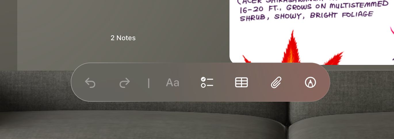 A screenshot of a toolbar along the bottom of the Notes app window in visionOS.