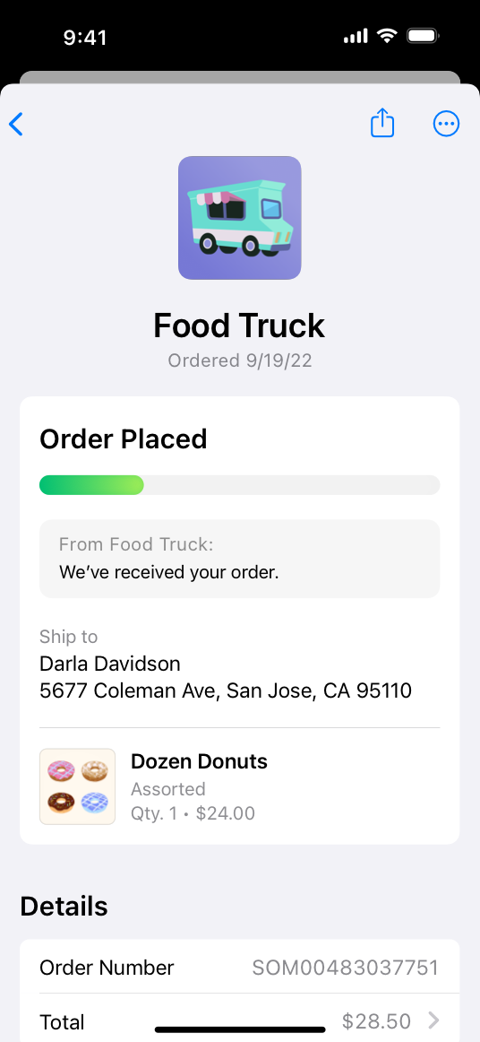 A screenshot of an order fulfillment screen for a food truck app on iPhone. The screen displays information about an order placed, and includes a status bar, shipping address, list of items ordered, and additional order details.