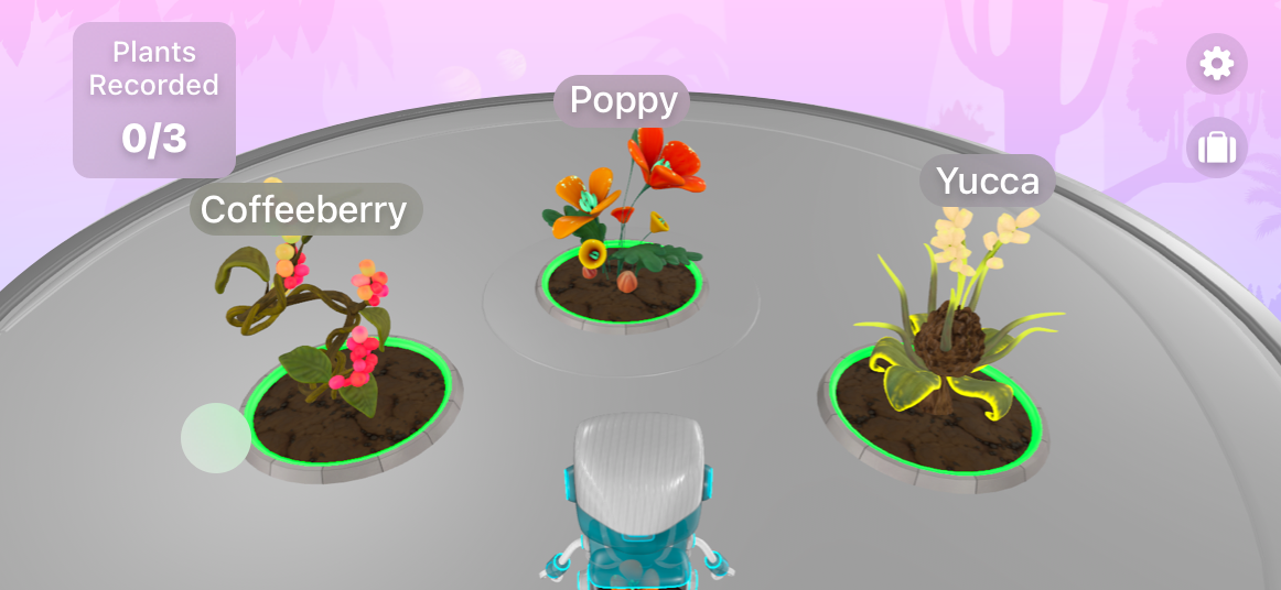 A screenshot that shows a game running on iPhone in landscape. A name appears within a shaded lozenge shape above each of 3 plants and a status message appears in a rounded rectangle in the top-right corner. All text uses a size that's at least the recommended minimum.