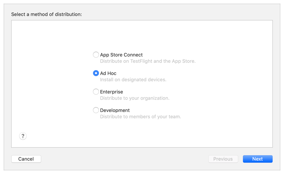 Screenshot of the distribution flow showing the Ad Hoc distribution method selected.