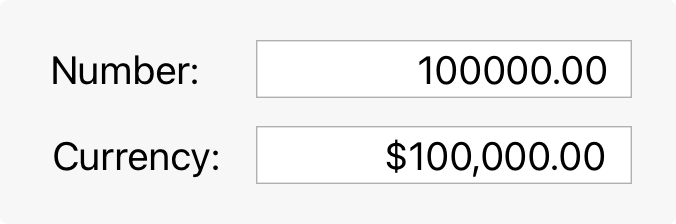 A partial screenshot of two stacked text fields. The top field contains a number with four decimal places. The bottom field contains a currency value.