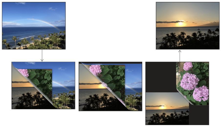 Page curl transition from a photo of a beach at daytime with rainbow in the sky to a photo of a beach at sunset, with a flower image on the back of the page