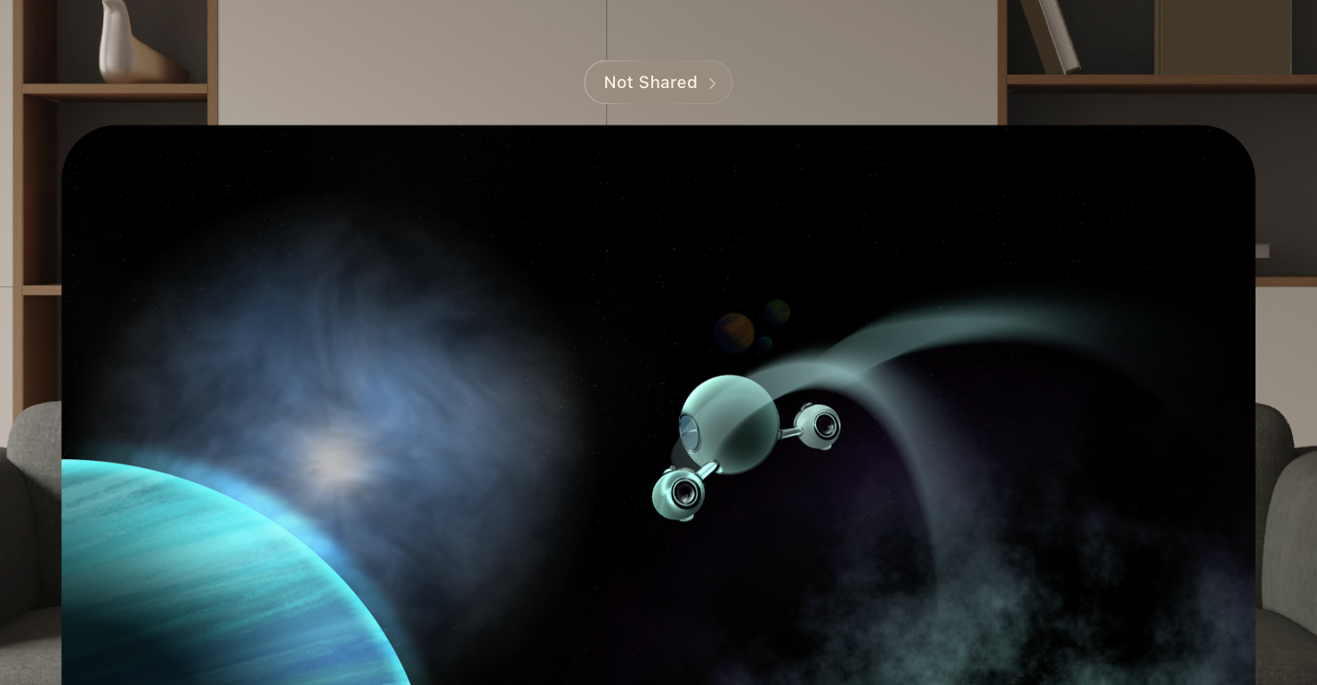 An image of a private TV window in visionOS, with a translucent button above the window labeled Not Shared.