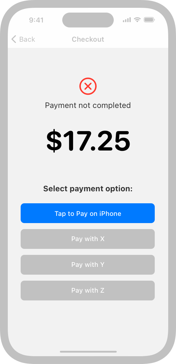 An illustration of an app's checkout screen showing a red X in a red circle above the text 'Payment not completed' followed by a purchase total. Below the total is the text 'Select payment option' followed by four buttons, including Tap to Pay on iPhone.