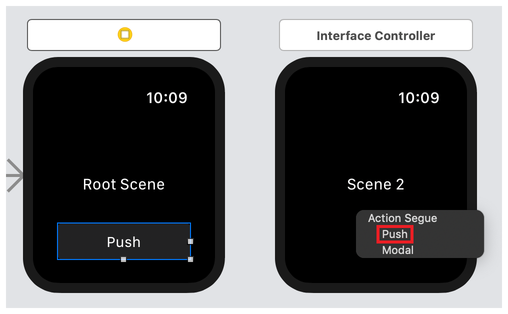 A screenshot showing the Push menu item in the Action Segue pop-up menu.