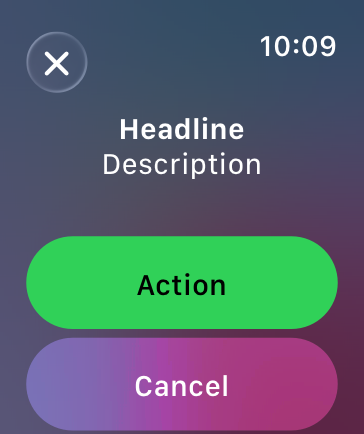 An illustration of an action sheet on Apple Watch, showing content that represents text in the top half of the watch screen and two stacked buttons in the bottom half.