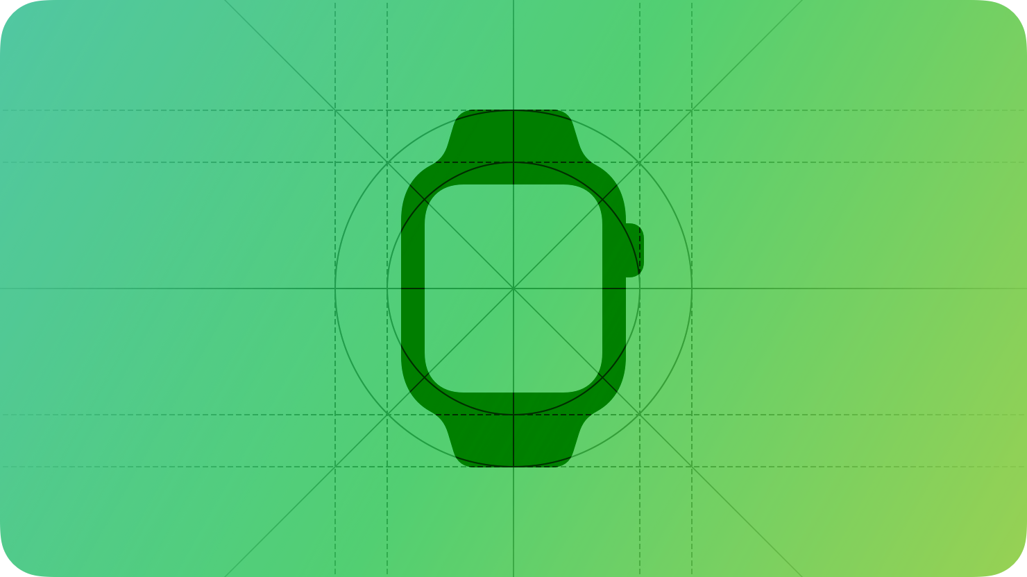 A stylized representation of an Apple Watch frame shown on top of a grid. The image is overlaid with rectangular and circular grid lines and is tinted green to subtly reflect the green in the original six-color Apple logo.