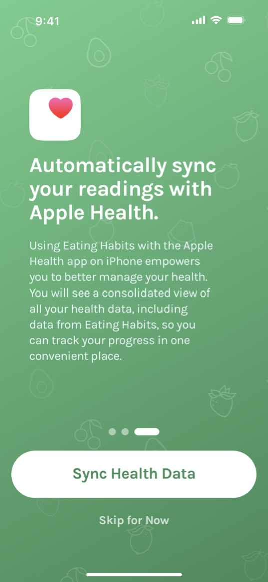 A screenshot of an onboarding screen for an app named Eating Habits, which displays the Apple Health icon and text that describes how syncing health data from Eating Habits can help people manage their health. At the bottom of the screen is a Sync Health Data button and a Skip for Now button.