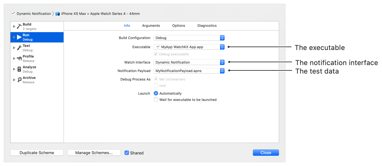 A screenshot showing the Edit Scheme sheet, with the notification interface and test data selected.