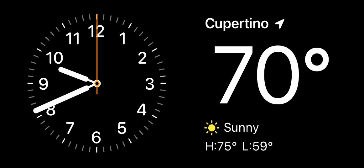 An image of iPhone in StandBy. It shows a Clock widget on the left that displays the time as 9:41 a.m. and a Weather widget set to Cupertino with the temperature at 70 degrees Fahrenheit on the right.