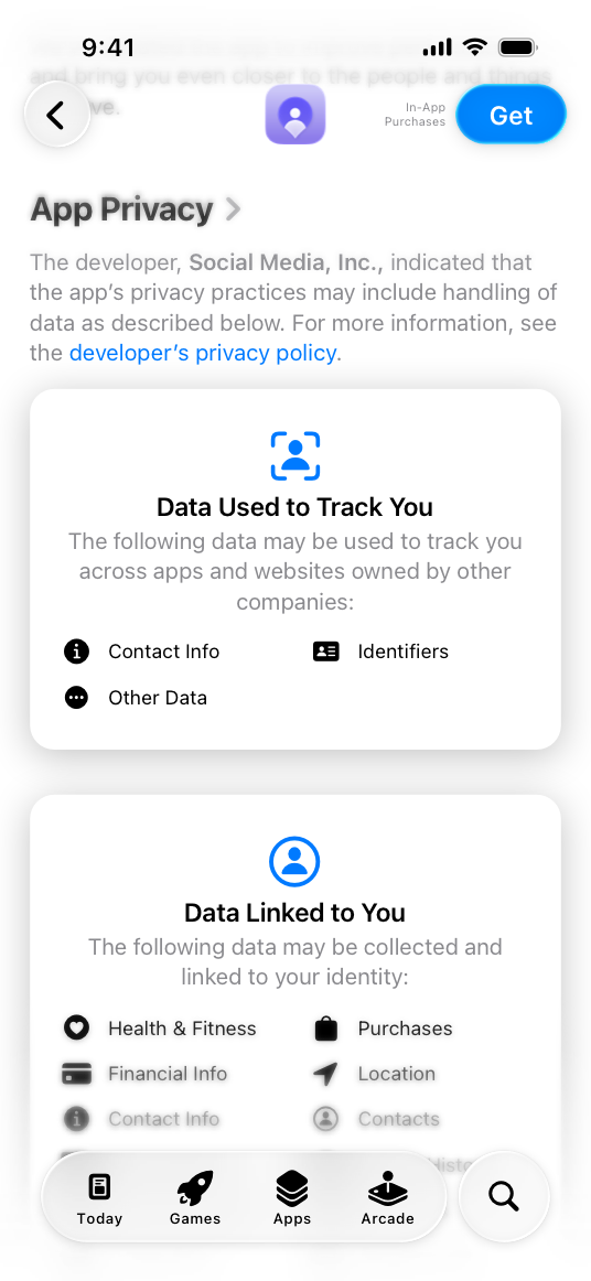 A screenshot of the App Privacy screen in an app’s App Store product page. The top card in the screen is titled Data Used to Track You and lists contact info, other data, and identifiers. The bottom card is titled Data Linked to You and lists health and fitness, financial info, contact info, purchases, location, and contacts.